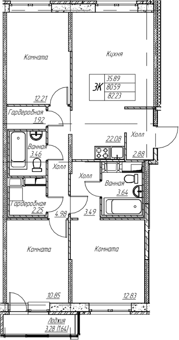 3-комнатная квартира 82.23 м², 15/22 эт., ЖК «Парк-квартал Юнтолово»